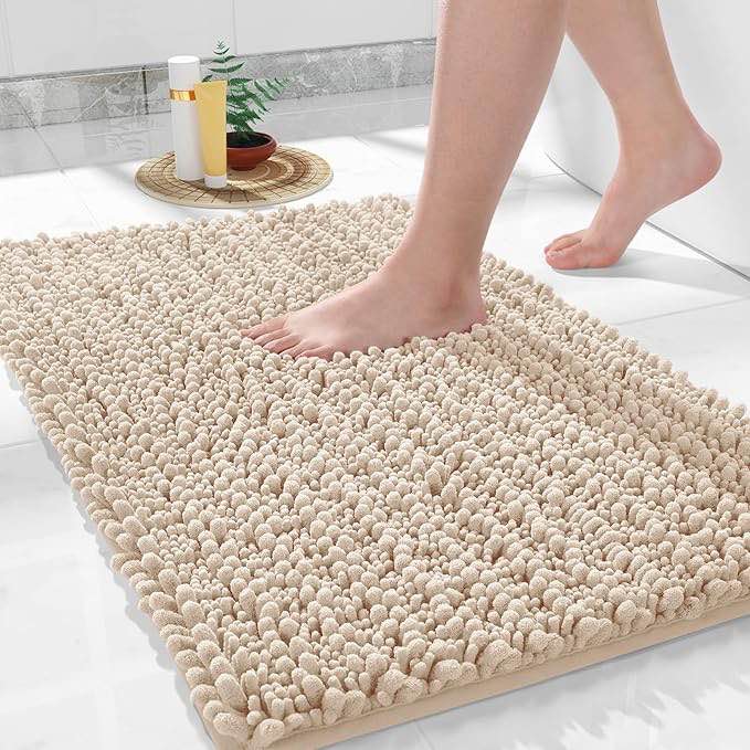 Bathroom Rug Mat Luxury Chenille Shaggy Bath Rugs, Extra Soft & Thick, Absorbent Water, Non-Slip, Machine Washable, Bath Mats for Bath Floor,Tub and Shower, Beige
