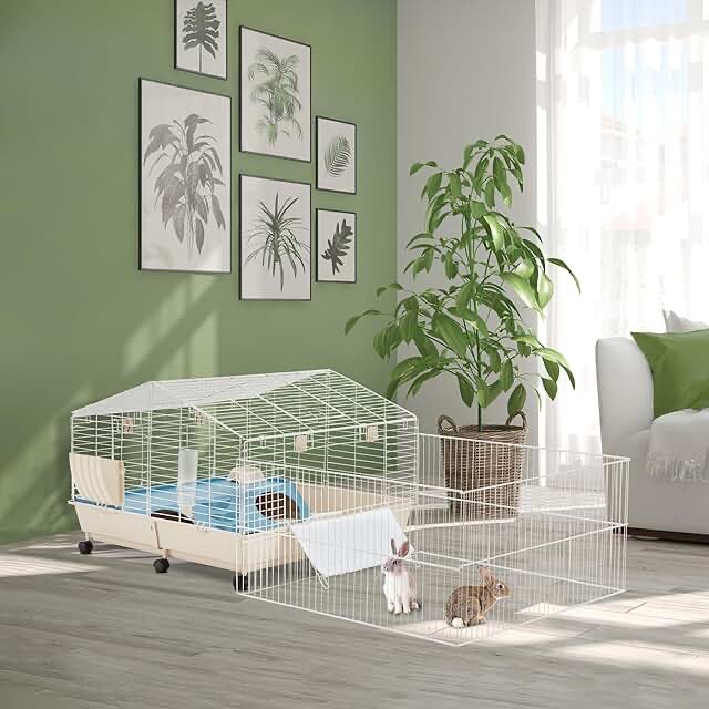 HABUTWAY Rolling Rabbit Cage with Foldable Playpen, Small Animal Cage, Guinea Pig Cages with Ramp/Water Bottle/Hay Feeder/Bowl, Small Pet Cage for Bunny, Rats, Guinea Pig, Hedgehog
