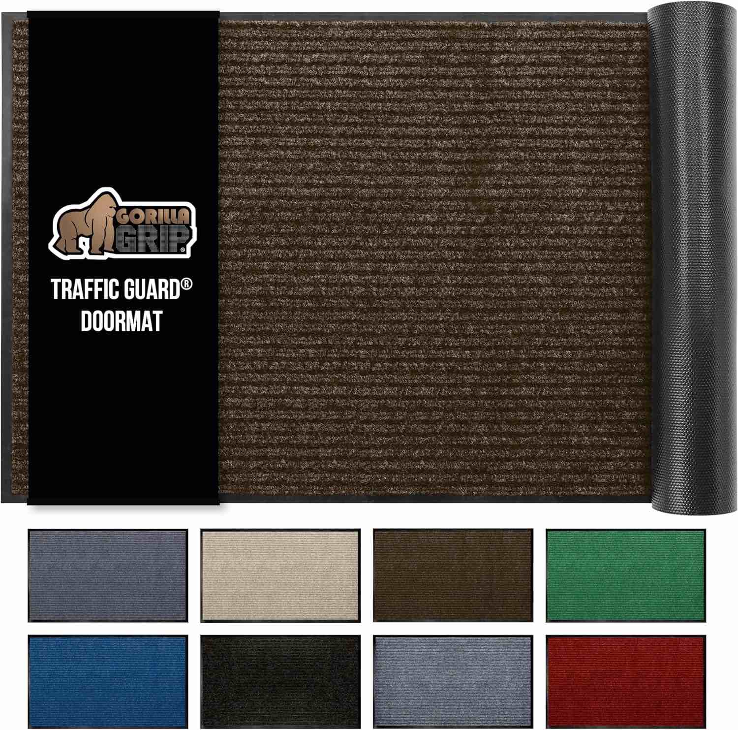 Gorilla Grip Waterproof Heavy Duty Traffic Guard Doormat, Stain and Fade Resistant, Durable Rubber, Low Profile Door Mat, Shoe Scraper, Welcome Mats for Entry, 35x23, Brown