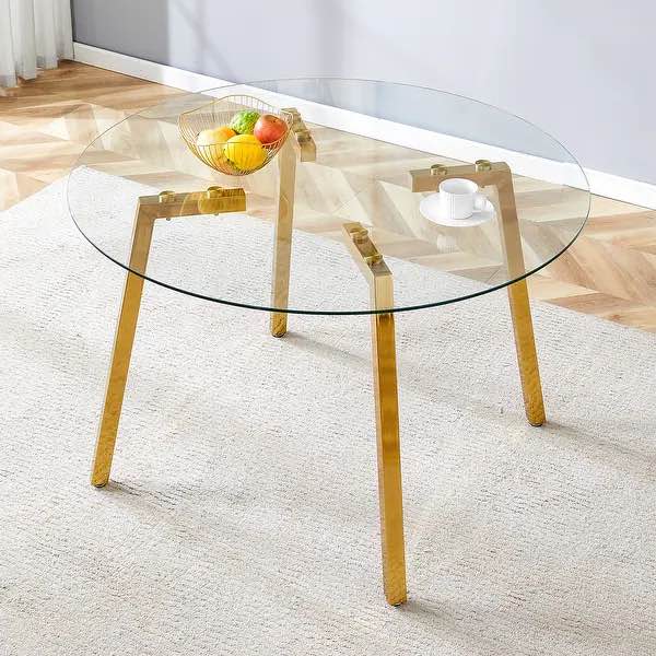 SEE DESCRIPTION Modern Luxurious Round Tempered Glass Dining Table with Gold 7-Shaped Metal Legs,Suitable for Family Meals - Gold DRT-1123-1213-GL