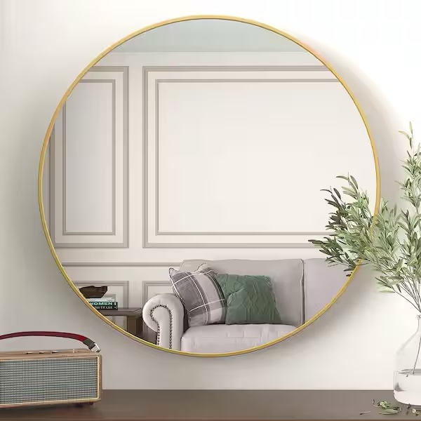 39 in. W x 39 in. H Round Aluminum Alloy Gold Frame Wall Mirror with Reinforced Hooks
