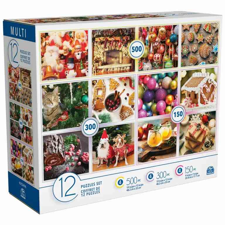 spin master puzzles, winter holiday 12-in-1 mega bundle 150-piece 300-piece 500-piece puzzles gift set with posters, for adults & kids ages 8 and up