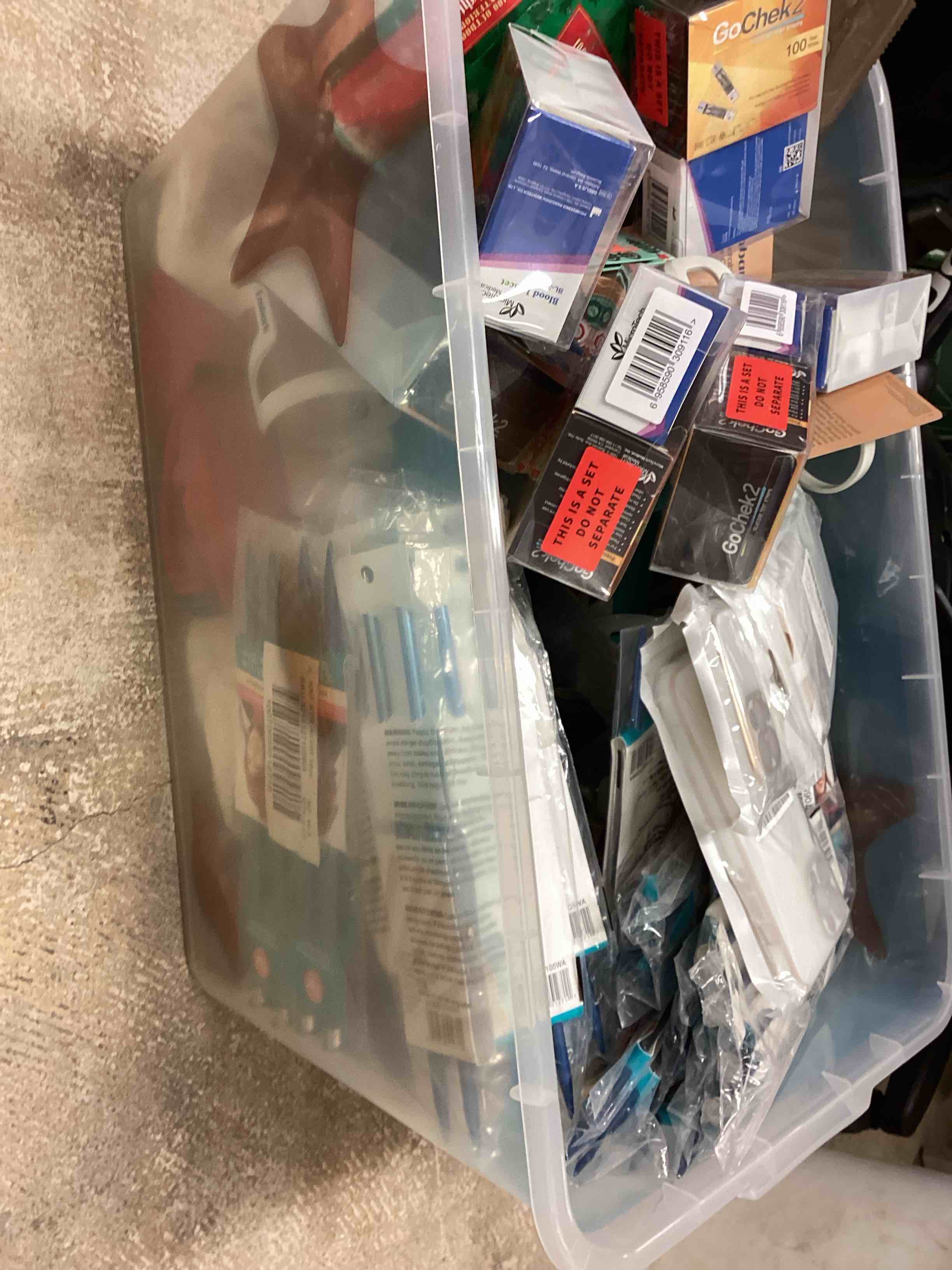 Assorted glucose test strips and lancets, roller cover, bicycle boat holder, water bottles for embroidery, phone funds, etc...