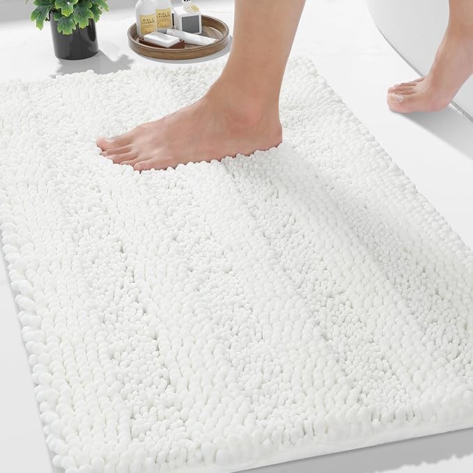 Yimobra Bathroom Rug Mat 24 x 17, Non Slip and Super Absorbent Bath Mat,Machine Washable Quick Dry,Ultra Plush Chenille Shower Rugs for Bathroom Floor Sink Tub and Shower Outside,White