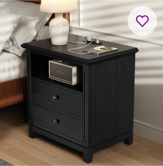 2 Drawers Solid Wood Nightstand With Storage and Open Shelf, Built-In 2 Power Outlets, 1 Usb Port, And 1 Type C Port
