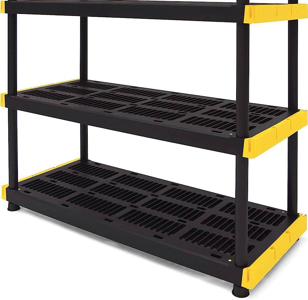 CX Black & Yellow, 4-Tier Heavy Duty Plastic Storage Shelving Unit, 200lbs/shelf (55”H x 48”W x 20”D), for Indoor/Outdoor Organization, Modular Rack  