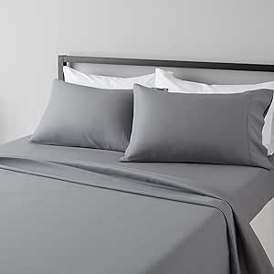 Amazon Basics Soft, Breathable, Wrinkle-free Microfiber 4 Piece Bed Sheet Set, 14-inch Deep Pockets, King, Dark Gray, Solid