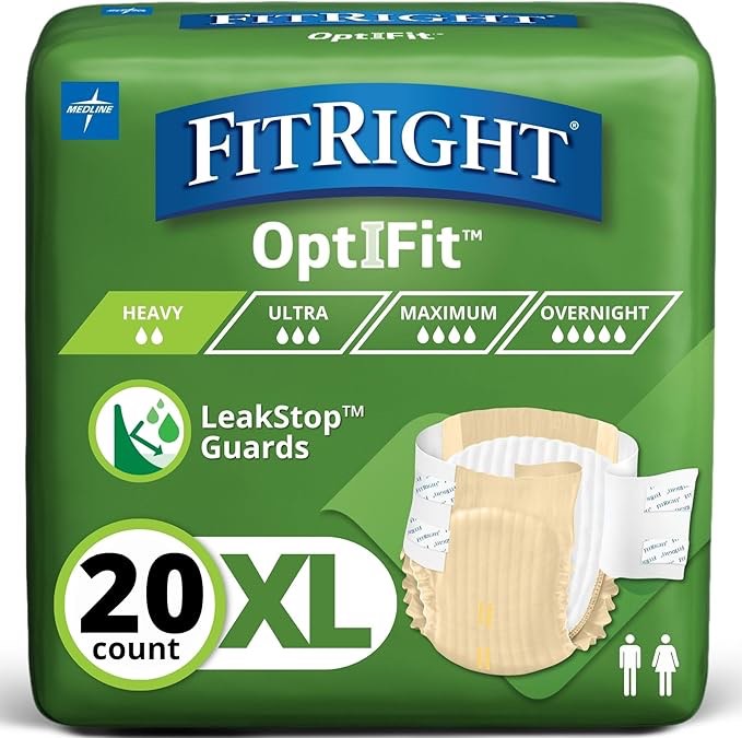 FitRight OptiFit Extra Adult Briefs with Tabs, Unisex, X-Large (56-64 Inches), Moderate Absorbency, Comfortable and Protective, Ideal for Medical Patients, Hospitals, Nursing Homes, Pack of 20