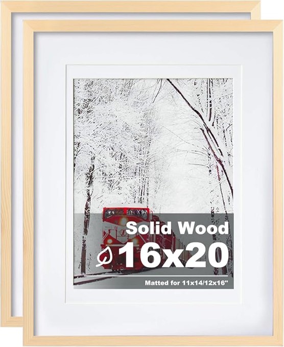 Egofine 16x20 Poster Frame only 1 Solid Wood Frame with Plexiglass Matted for 11x14/12x16 for Wall Mounting Hanging Picture Frame Vertically or Horizontally, Natural Wood