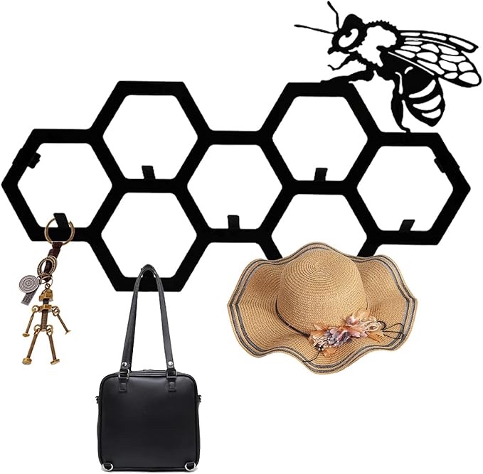 Metal Bee Coat Rack Wall Mounted, Bee with Honeycomb Metal Art Wall Decor, Bee Key Rack Beehive Wall Rack for Entryway Coats Hats Keys Towels