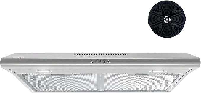 FIREGAS Under Cabinet Range Hood 30 inch, Ducted/Ductless Convertible Kitchen Hood Over Stove Vent, LED Light, 3 Speed Exhaust Fan, Reusable Aluminum Filters, Push Button, with Charcoal Filter