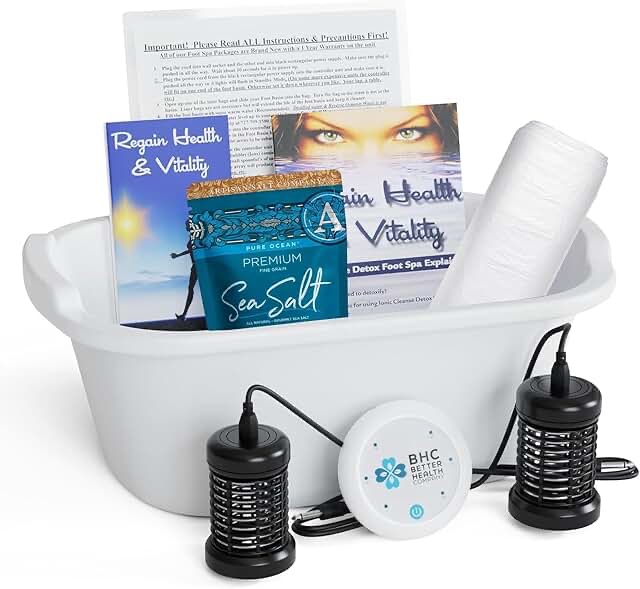 Ionic Foot Bath Detox Machine - Foot Spa Bath Free Regain Health & Vitality Booklet & Brochure - 2 Arrays, 20 Basin Liners, Detox Sea Salt, Basin 12QT