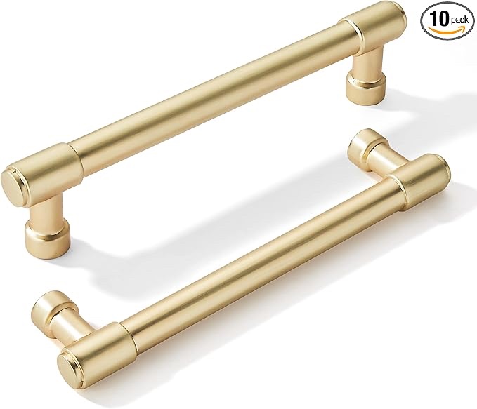 khtumeware 10 Pack Brushed Brass Cabinet Pulls 6 Inch(152MM) Hole Centers Kitchen Brushed Gold Cabinet Handles Cabinet Hardware Kitchen Handles for Cabinets Cupboard Handles Drawer Pulls