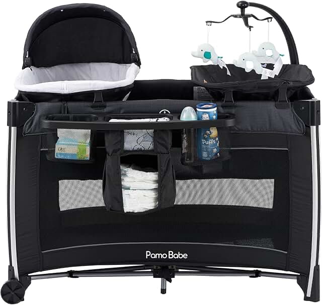 Pamo Babe 4 in 1 Baby Playards with Bassinet & Changing Table, Portable Crib Breathable Mesh and Toy Mobile