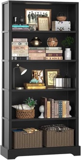 TVU 5-Tier Wooden Bookshelf, 65 Inch Tall Bookshelf with Storage, Floor Standing Modern Style Display Bookcase for Living Room, Office, Study Room, Entryway, Black 