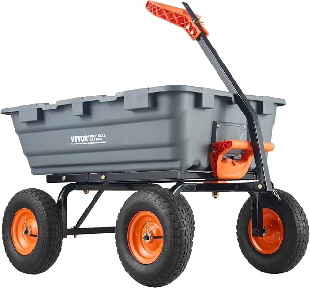 vevor 1200lbs 7cu.ft. garden dump cart with 2-in-1 convertible handle and 13in all terrain wheels, heavy duty poly yard dump wagon utility atv trailer dump cart tow behind for lawn mower tractor