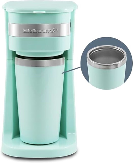 elite gourmet ehc113m personal single-serve compact coffee maker brewer includes 14oz. stainless steel interior thermal travel mug, compatible with coffee grounds, reusable filter, mint