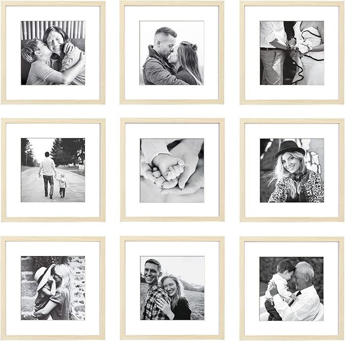 ArtbyHannah Wood Square Picture Frames Collage Set 9 Packs 12x12 Frame - 12in. Matted to 8in. for Gallery Wall Art Decor or Wall Hanging Home Decoration - Made to Display Photo Frame Set Home Decor Gift