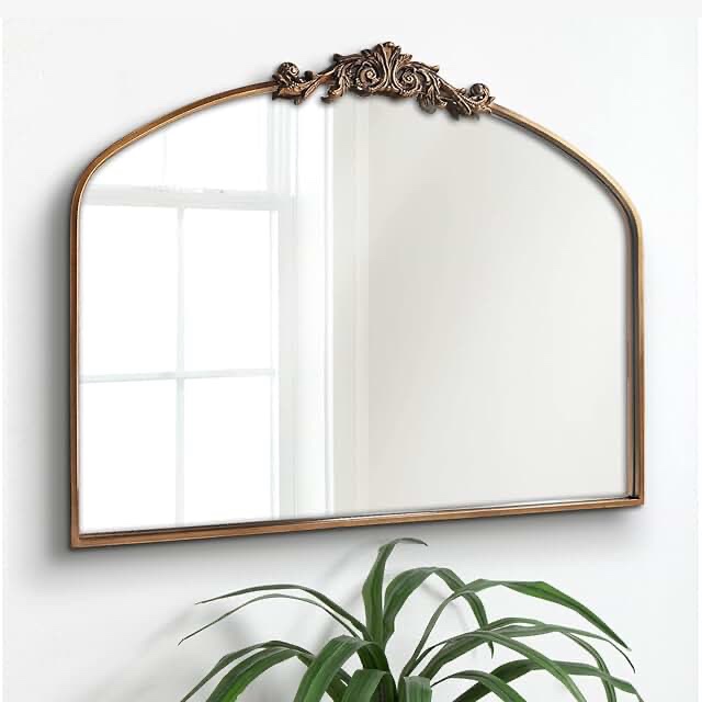 Gold Arched Mirror,Baroque Brass Fireplace Mirror Decor, Victorian Vintage Mirror with Full Matel Frame,Ornate Mirror for Entryway/Bathroom/Living Room/Hallway 36"X30"