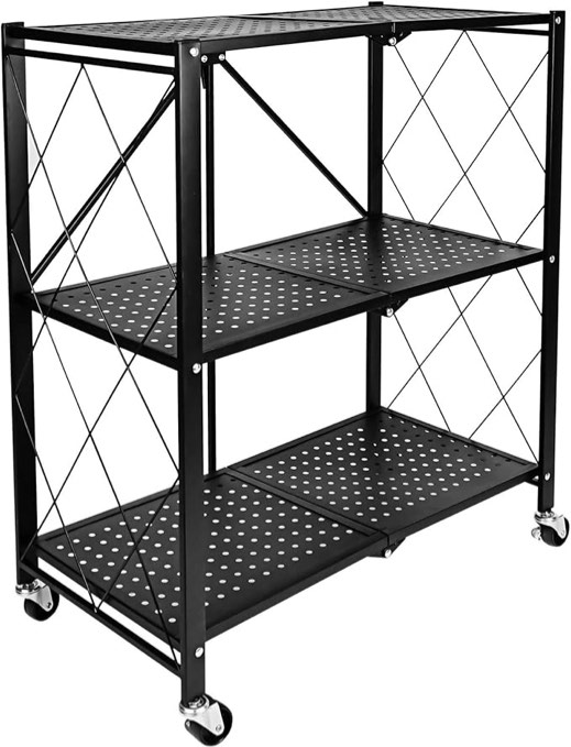 HealSmart 3-Tier Foldable Metal Rack, 27.95" D x 13.39" W x 33.85" H Storage Shelving Unit with Wheels Moving Organizer Shelves for Garage Kitchen, Black