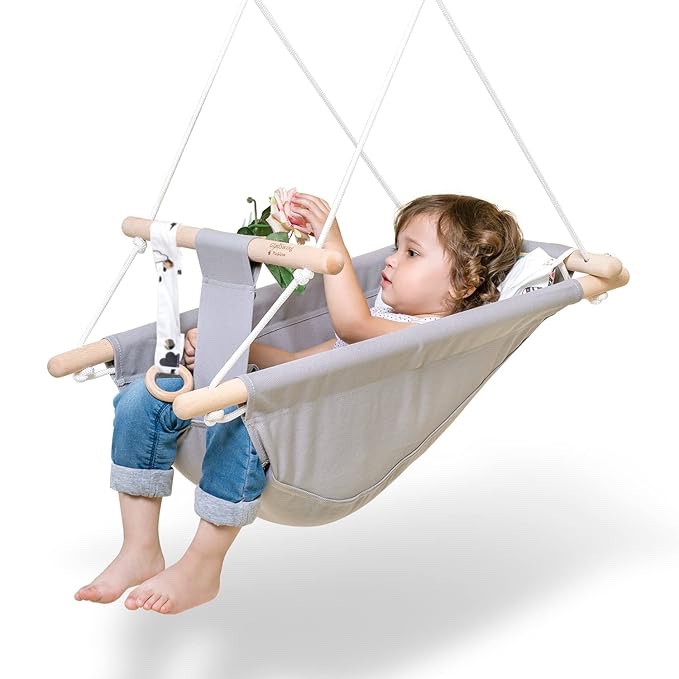 baby swing for baby and toddler, canvas baby hammock swing indoor and outdoor with safety belt and mounting hardware, wooden hanging swing seat chair for baby up to 3 years - little cloud