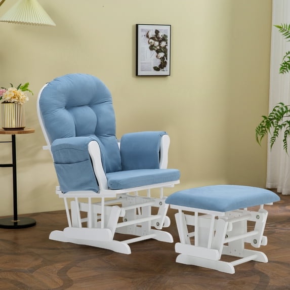 Willow Glider with Ottoman, White Finish with Blue Cushions