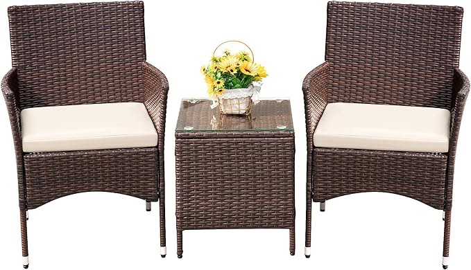 Devoko Patio Porch Furniture Sets 3 Pieces PE Rattan Wicker Chairs with Table Outdoor Garden Furniture Sets (Brown/Beige)(incomplet)