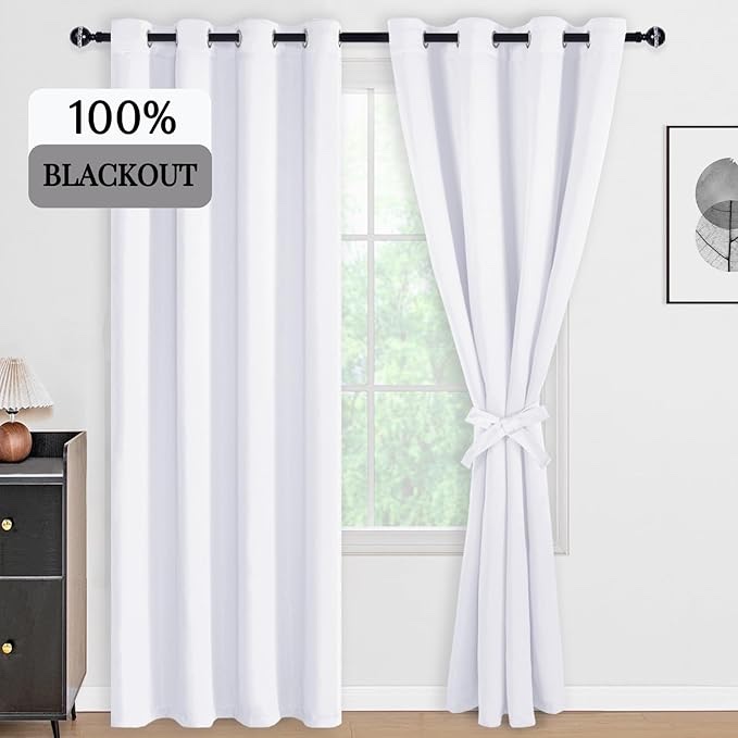 DWCN 100% White Blackout Curtains for Bedroom w/Black Liner, Double Layer Thermal Insulated Room Darkening Full Shading Window Curtain Drapes with Tiebacks for Nursery Room, W52 x L95 (2 Panels