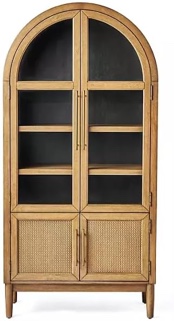 Durable wooden arched wardrobe with rattan doors and tempered glass doors (natural)damage easy to fixing