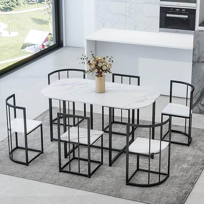 7 Piece Marble Dining Table Set, Kitchen Dining Table for 6, Kitchen Table Set with 6 Chairs, for Living Room, Space Saving Apartment (Black and White)(incomplet only one box)