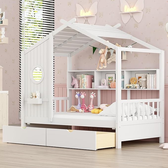Single size house bed with shelves and storage drawers, wooden platform for children with window and ceiling for bedroom, single bed frames for children and girls, (incomplet only 1 box )