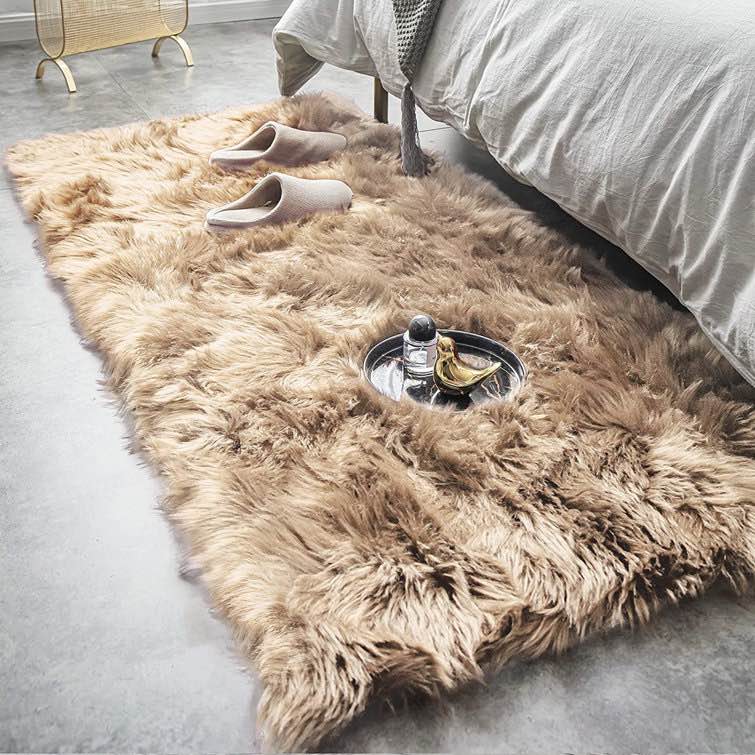 Malaiah Shag Faux Sheepskin Fur Area Rug in Beige