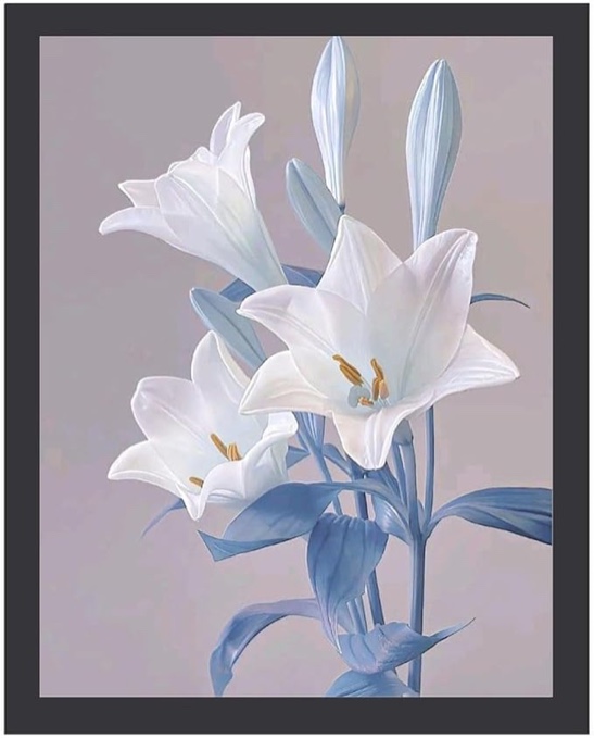 White Lilies and Sky Blue Leaves Painting Super Realistic Flower Illustration Art Panel Poster Wall Hanging Interior Entrance Feng Shui Good Luck Decorative Painting Bedroom Wall Decor Wall Picture Room Decor Framed Finished Product Size 30x40cm