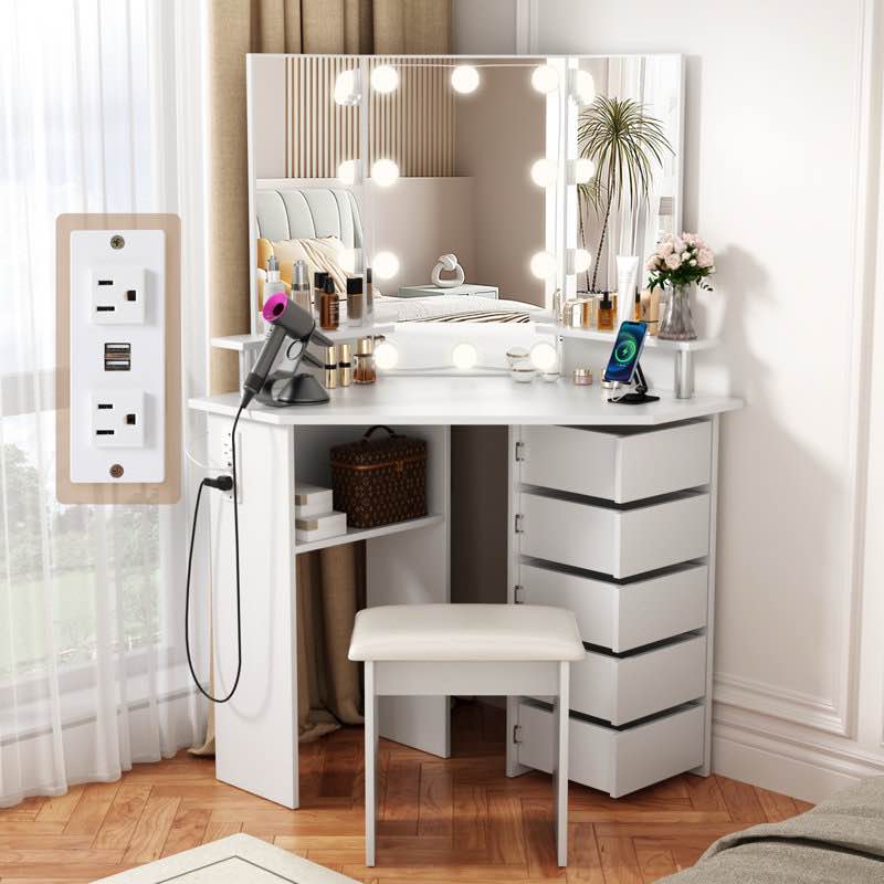 greyden vanity with 5 rotating drawers and outlets 