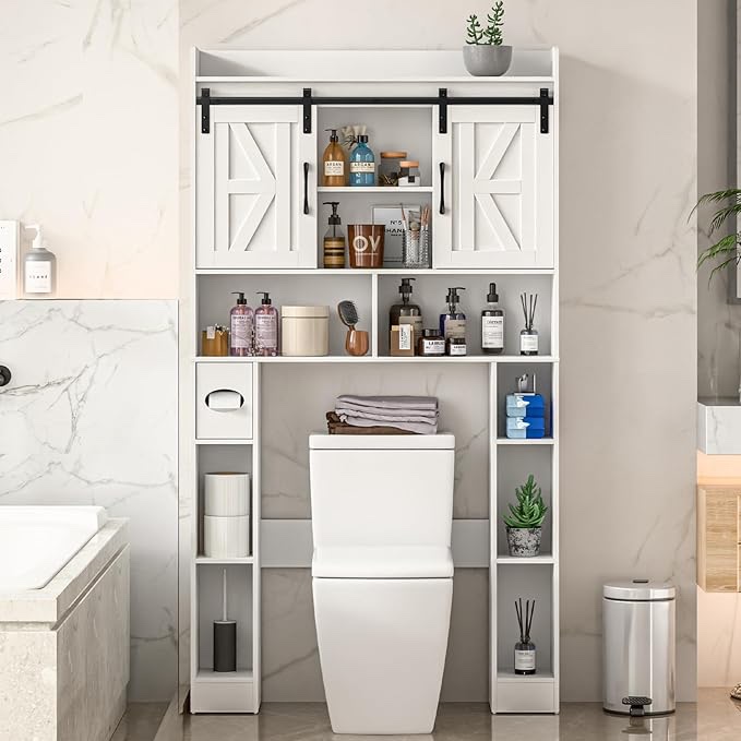 farmhouse storage cabinet over toilet with slidining doors