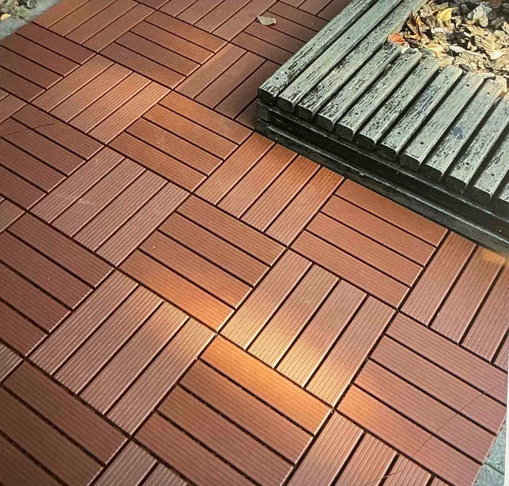 Plastic Interlocking Deck Tiles (44 PCS = 44 sq Ft ), 12x12 Inches Waterproof Outdoor Patio Flooring, Easy Snap Balcony Floor Tiles for Garden, Poolside, Backyard, Pathway, Indoor Use, Red Brown, Grid Pattern (color Brown) 44 PCS = 44 sq Ft 