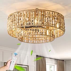 ainqiant Rustic Wood Beaded Ceiling Fans with Lights,Boho Caged Flush Mount Ceiling Fan with Light and Remote,Retro Farmhouse Bladeless Ceiling Fan for Bedroom,Living Room