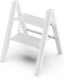 GameGem 2 Step Ladder, Aluminum Folding 2 Step Stool with Anti-Slip Sturdy and Wide Pedal, Lightweight Portable Stepladder for Home and Kitchen Use Space Saving, Cream White, 330 lbs