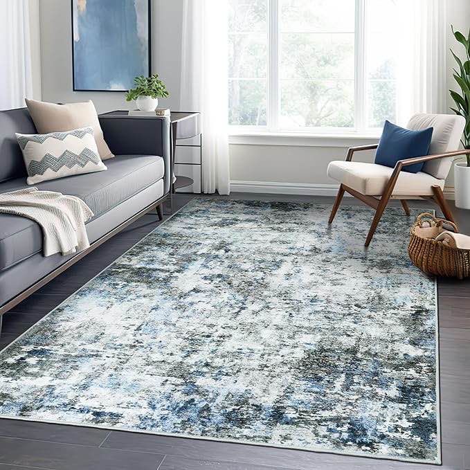 (Similar image) 5x7 Area Rugs, Modern Abstract Rug with Anti Slip Backing, Stain Resistant Washable Rugs for Living Room, Non-Shedding Machine Washable Area Rug (Blue/Grey, 5'x7')