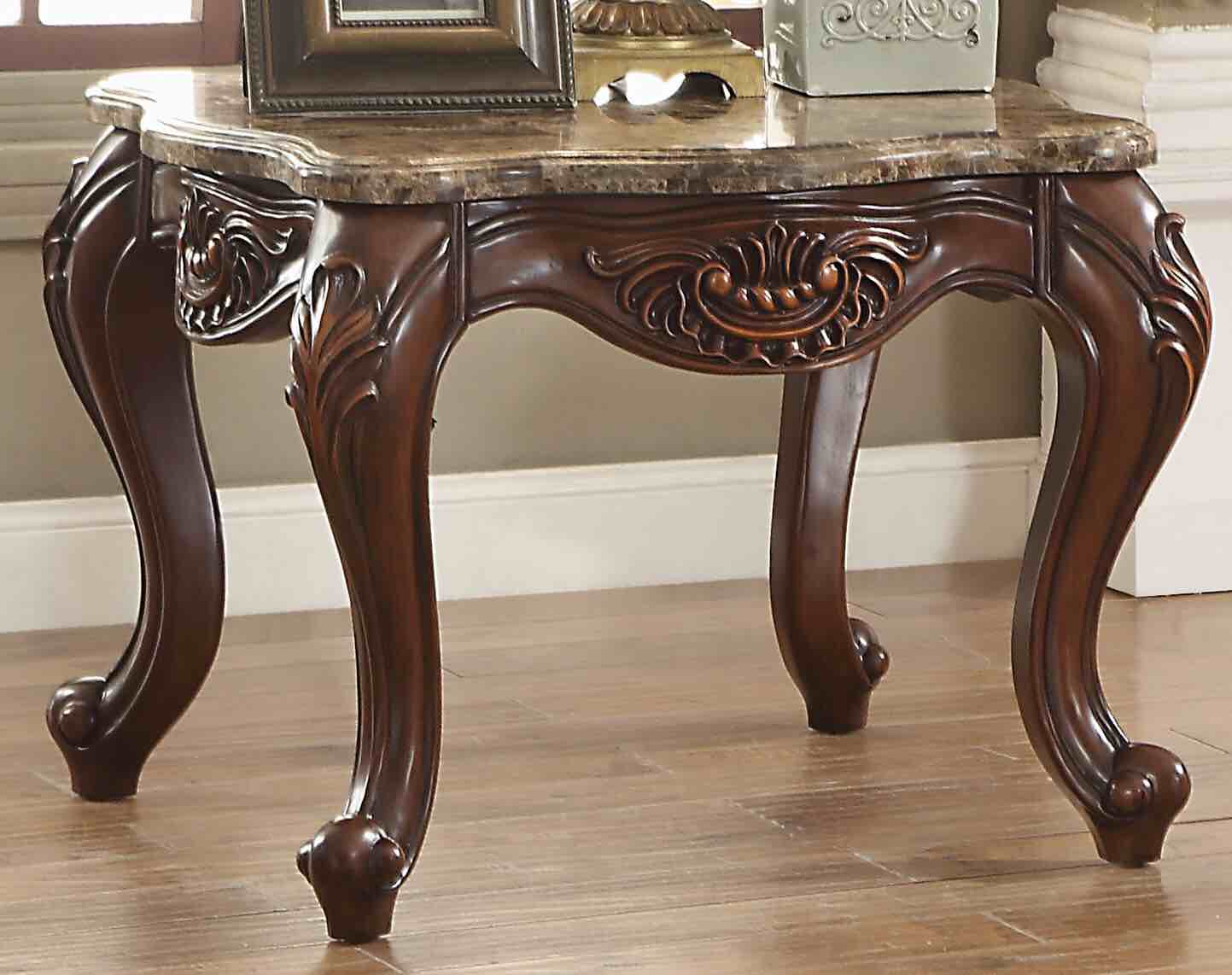 Haxby Transitional 30"L Square End Table with Natural Marble Top in Cherry Oak