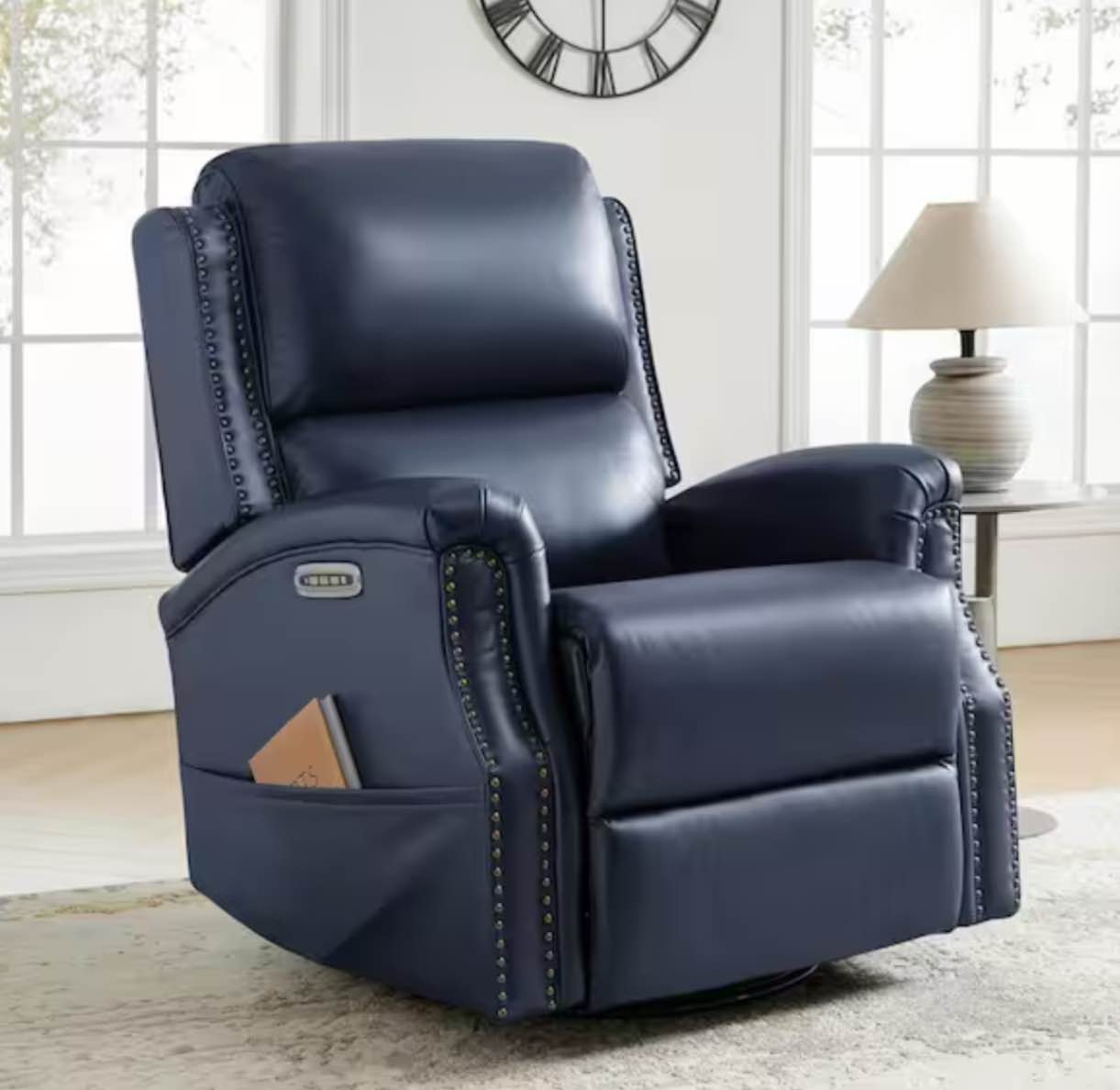 Joachim Navy 34.5 in. Traditional Genuine Leather Power Swivel Glider Recliner