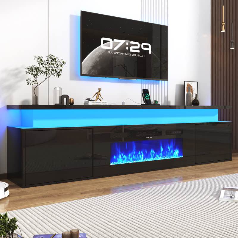 Floating Fireplace TV Stand, High Gloss LED Fireplace TV Stand Entertainment Center For 70/75/80 Inch TV, Modern Media TV Console Cabinet For Living Room Overall Entertainment Center Width - Side to Side: 80", Color: Black