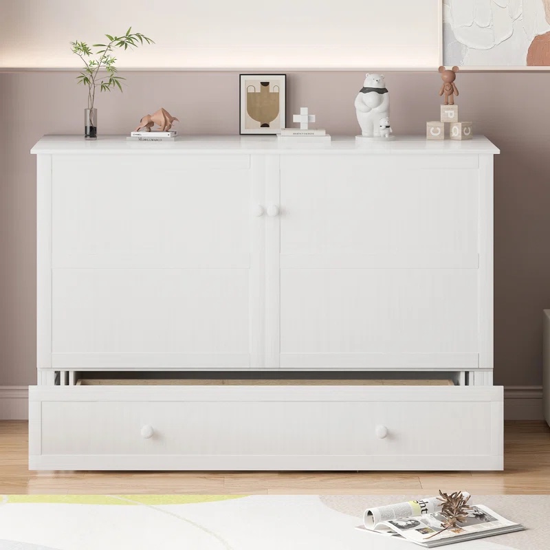 Red Barrel Studio® Murphy Bed Cabinet With Built-in Charging Station And Storage Drawer, Solid Wood Cabinet Bed Queen Size With Trifold Foam Mattress, Murphy Cube Chest Bed For Guest Room, Home, Office Color: White