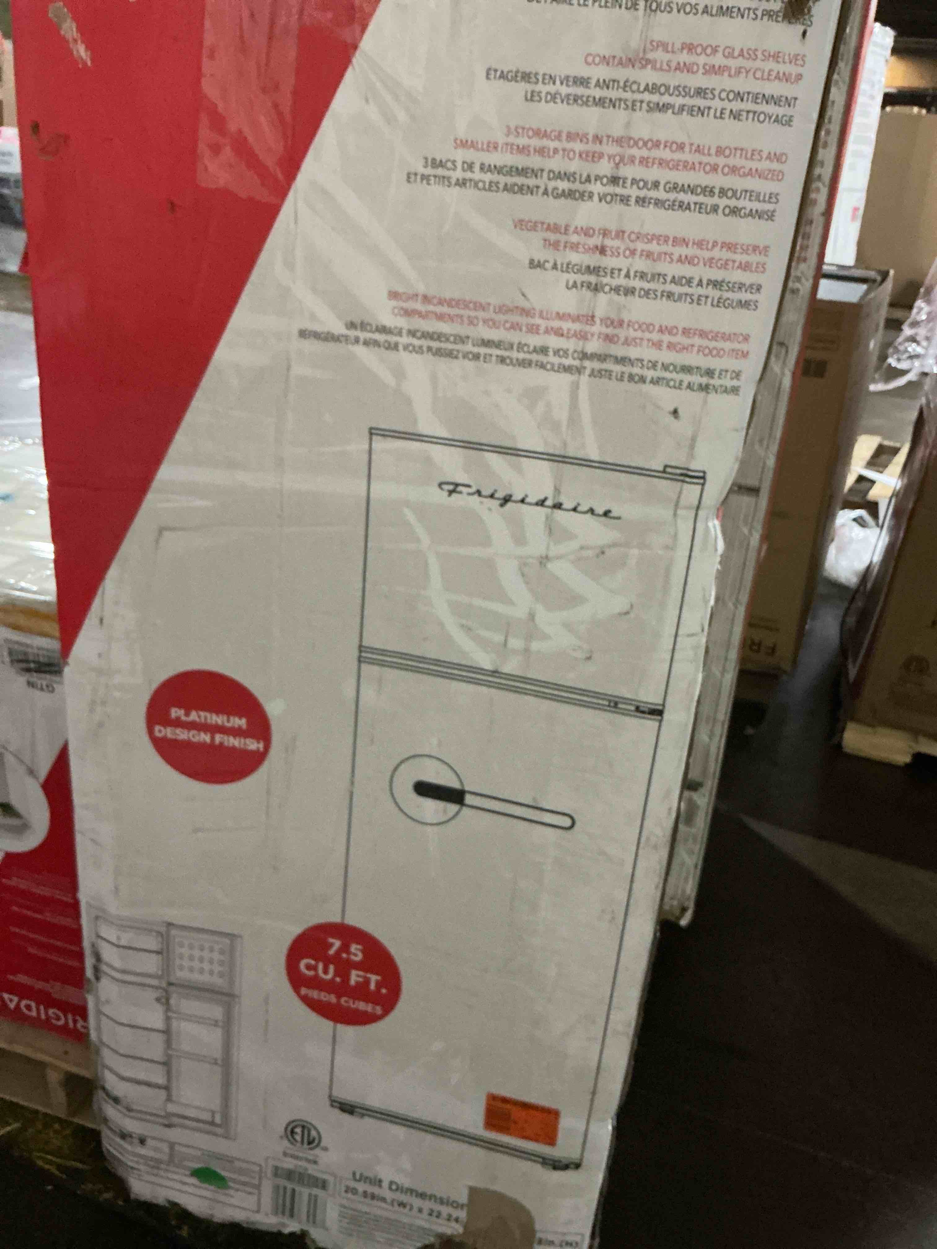 Condition photo showing As Is for (color may vary) Frigidaire Retro Apartment Size Refrigerator with Top Freezer - 2 Door Fridge with 7.5 Cu Ft of Storage Capacity, Adjustable Spill-Proof Shelves, Door & Crisper Bins, RGWHITE