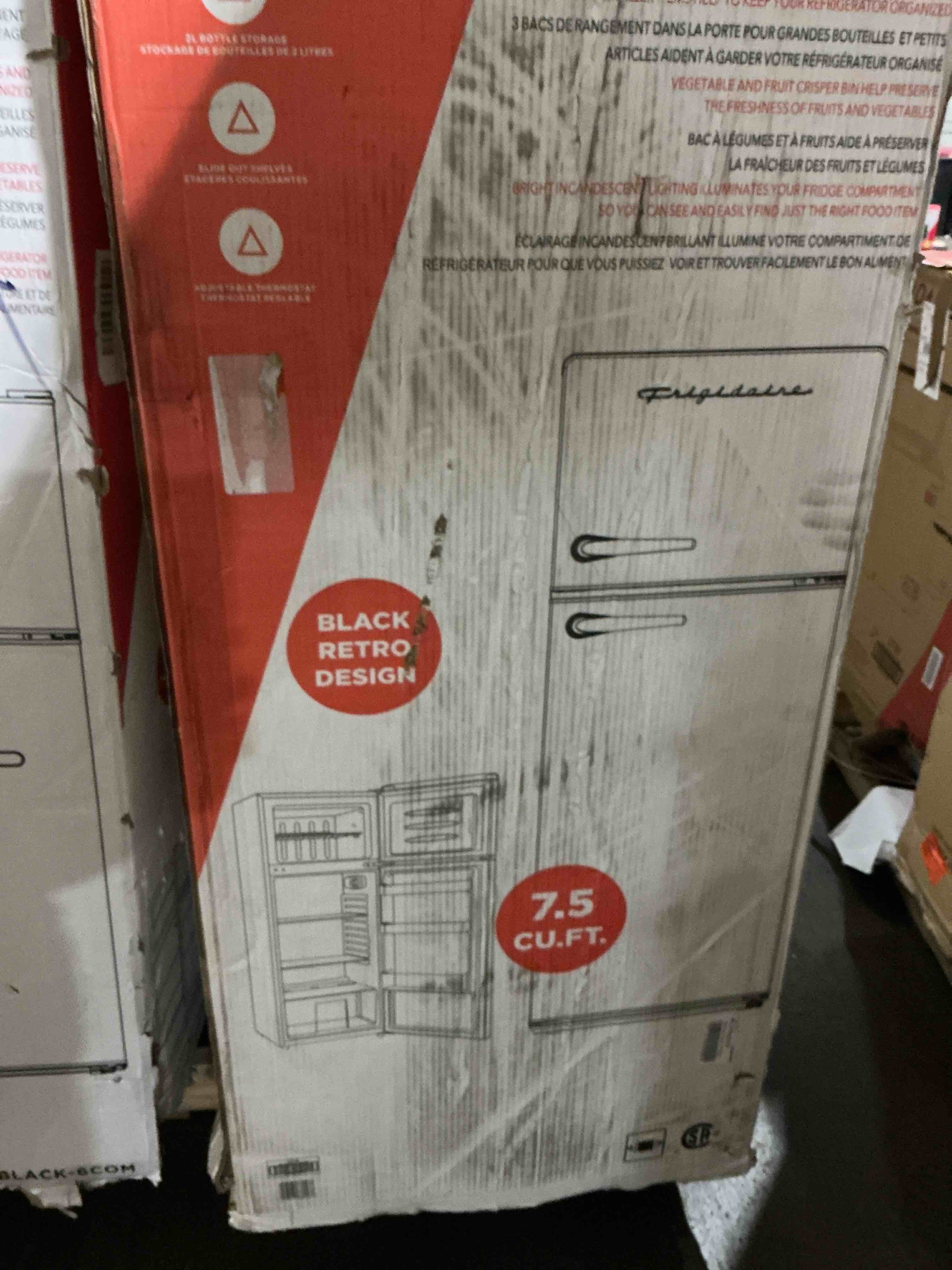 Condition photo showing As Is for Frigidaire Retro Apartment Size Refrigerator with Top Freezer - 2 Door Fridge with 7.5 Cu Ft of Storage Capacity, Adjustable Spill-Proof Shelves, Door & Crisper Bins, RGWHITE