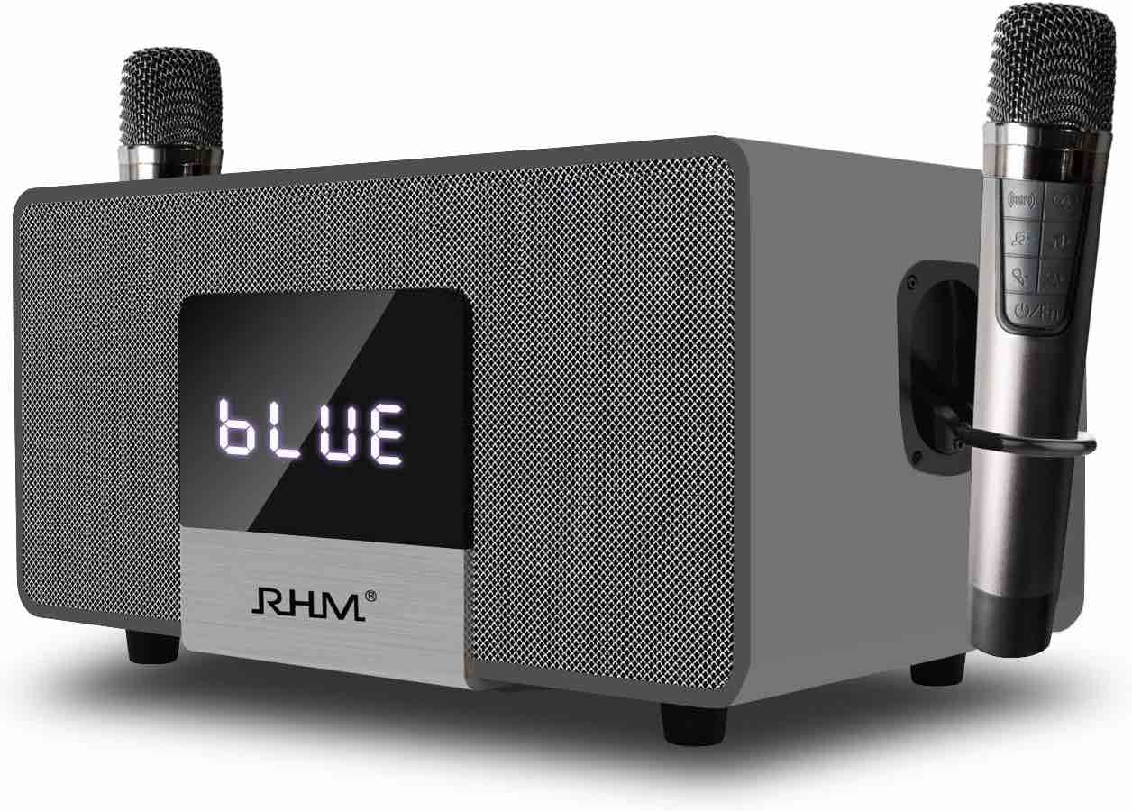 RHM K222 Karaoke Machine, with 2 Wireless Microphones & 5 Sound Modes, Support Optical/Bluetooth/AUX/USB/PC, Wooden Bluetooth Speaker for TV/Home/Meeting/Karaoke/Party, Gift for Music & Karaoke Lovers