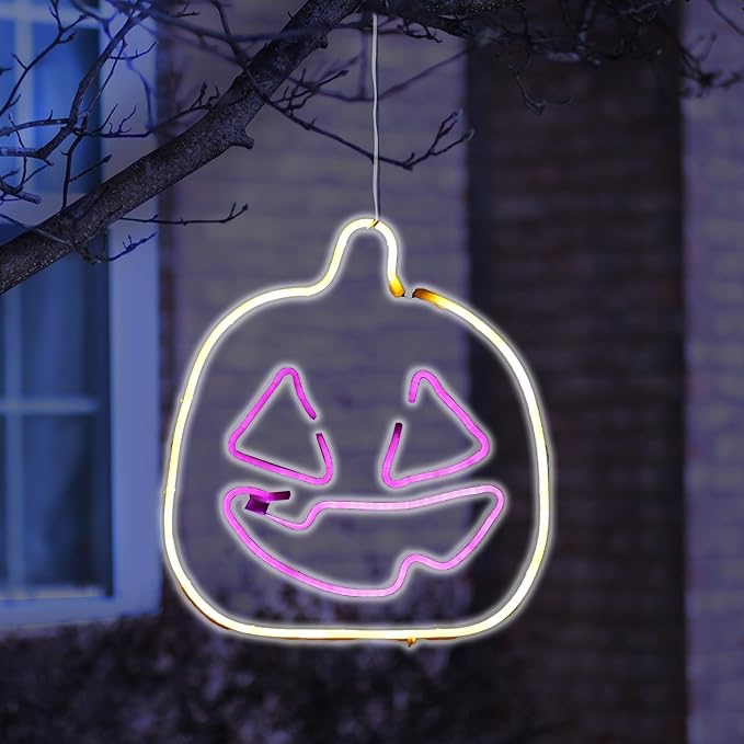 Alpine Corporation Neon Tube LED Pumpkin with Purple Face Hanging Decor