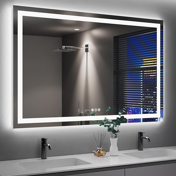 Amorho LED Bathroom Mirror 50" X32" with Front and Backlight, Stepless Dimmable Wall Mirrors with Anti-Fog, Shatter-Proof, Memory, 3 Colors, Double LED Vanity Mirror(Horizontal/Vertical