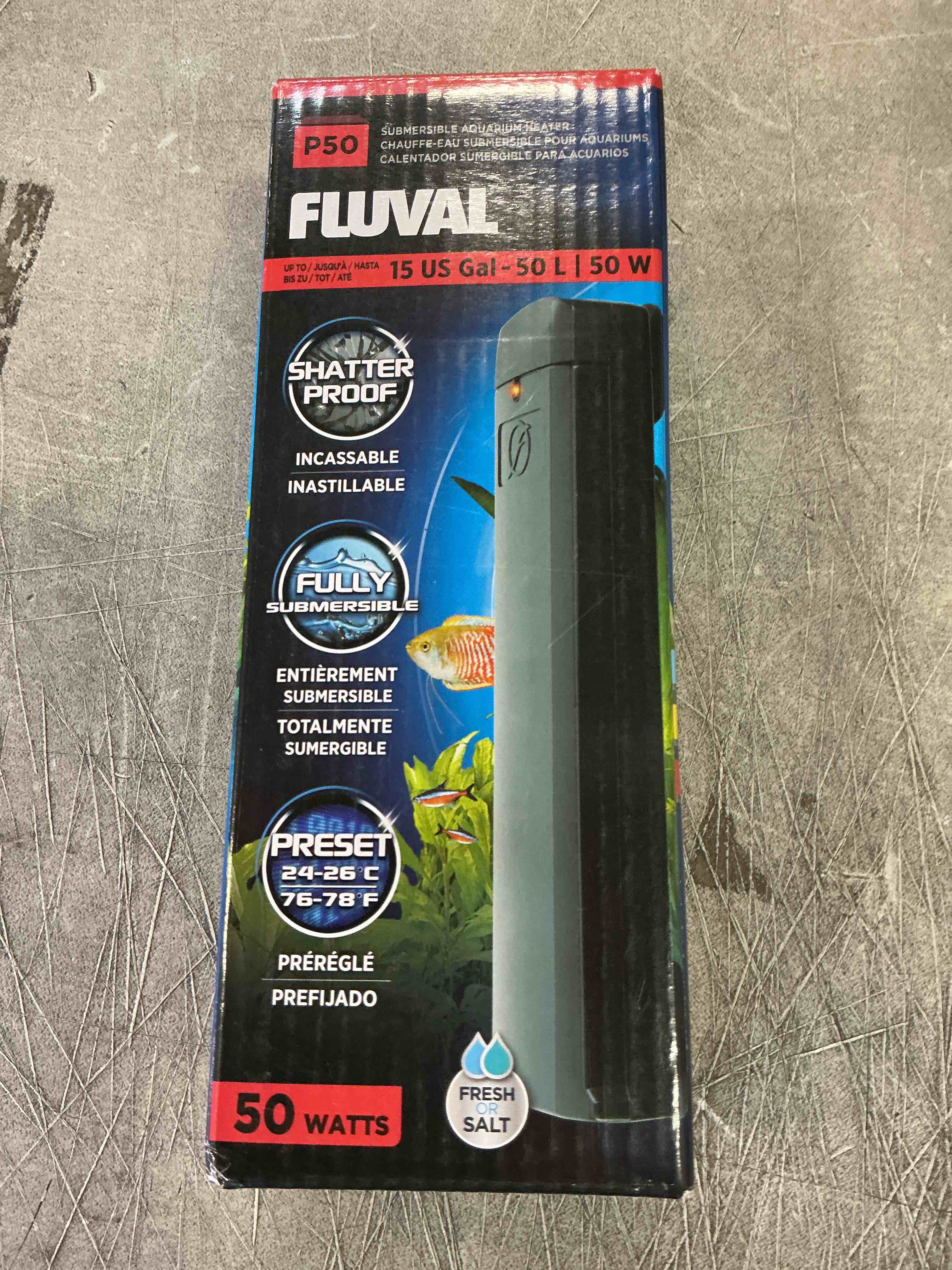 Condition photo showing New/Like New for Fluval P50 Submersible Aquarium Heater – 50W, Preset 76-78°F for Freshwater & Saltwater Tanks up to 15 Gal, Shatterproof, Fully Submersible, LED Indicator, Durable & Safe Fish Tank Heater