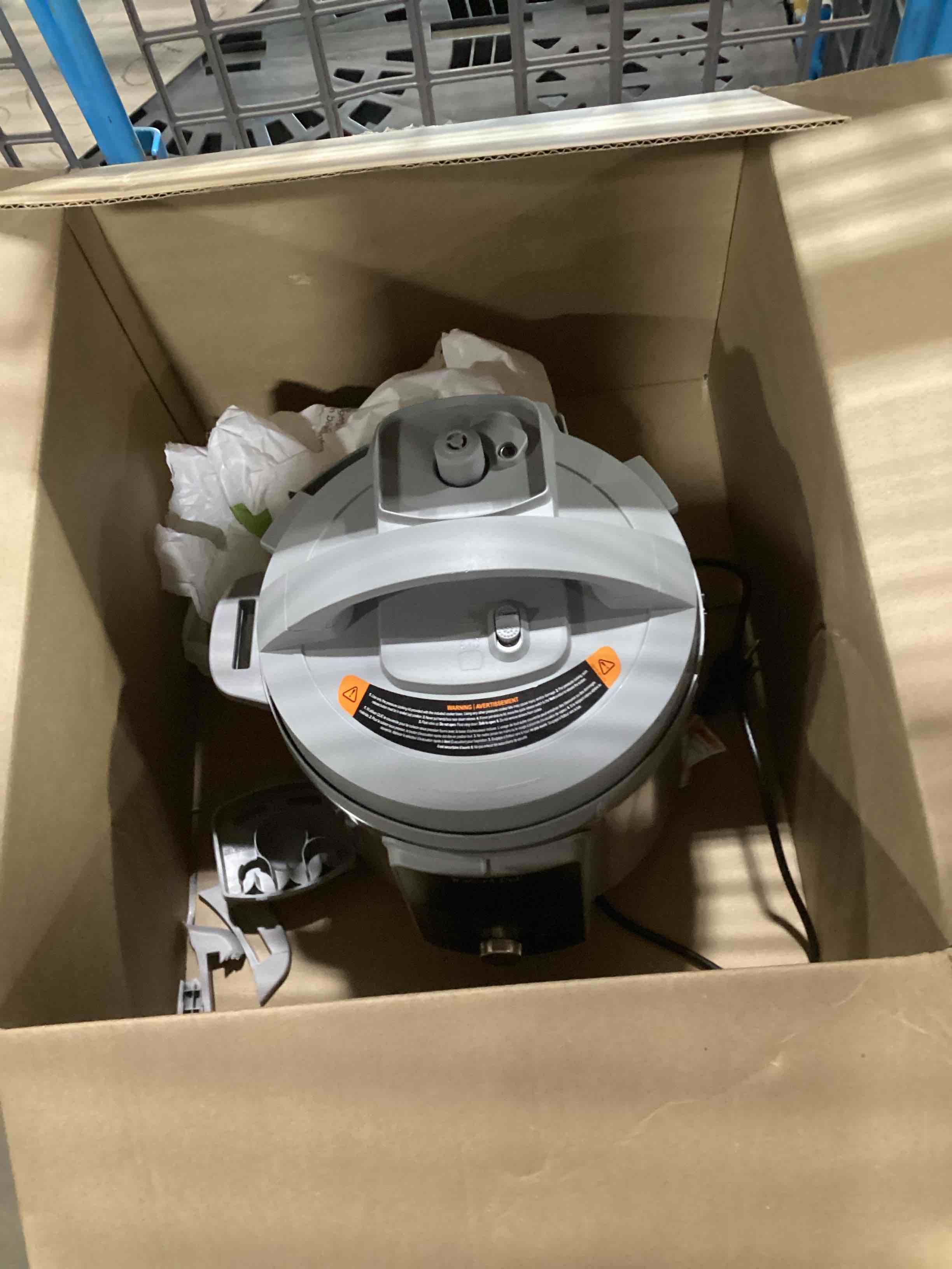 Condition photo showing As Is for instant pot, 6-quart whisper quiet 9-in-1 electric pressure cooker, slow rice steamer, sauté, yogurt maker, warmer & sterilizer, free app with 800+ recipes, stainless steel 6 quarts